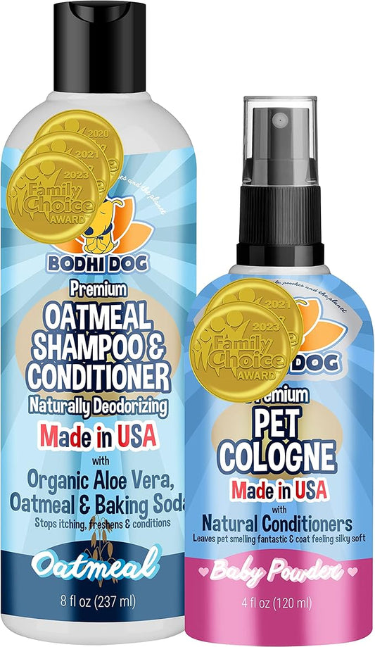 Bodhi Dog Baby Powder Scented Cat & Dog Cologne 4oz + Oatmeal Dog Shampoo & Conditioner for Pet Grooming 8oz | Moisturizing Shampoo for Sensitive Skin | Grooming Bundle