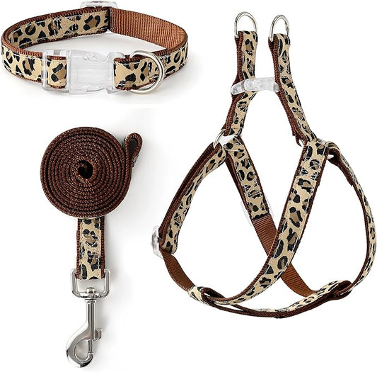 Mile High Life Leopard Dog Harness Collar Leash Set, Adjustable No Pull Dog Halter Harness for Small Breed Dogs, Easy Control for Training Walking (Brown, M Chest 15"-21", Neck 13"-17")