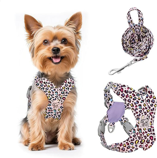 Pawaboo Small Dog Harness and Leash Set, Puppy Harness X-Frame No Pull No Choke, Dog Vest Harnesses Adjustable for Small Medium Sized Dogs,Soft Breathable Pet Harnesses for Walking, XS, Pink Leopard