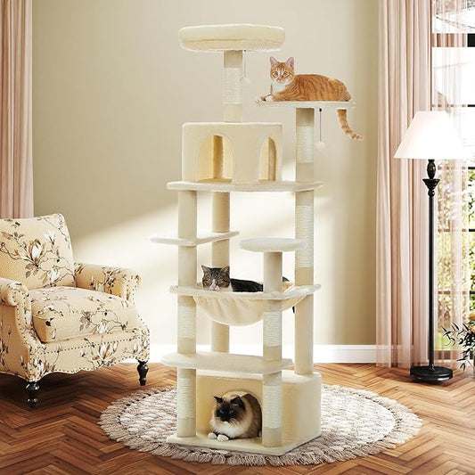 Cat Tree for Indoor Cats, 64.5" Tall Cat Tower with 2 Cozy Condos, Scratching Posts, Large Hammock and Dual Padded Perches, Multi-Level Activity Center for Large Cats, Beige