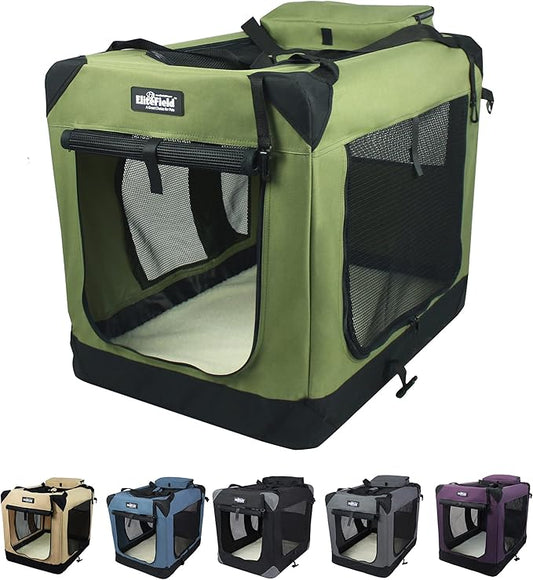 EliteField 3-Door Folding Soft Dog Crate with Carrying Bag and Fleece Bed (2 Year Warranty), Indoor & Outdoor Pet Home (30" L x 21" W x 24" H, Sage Green)
