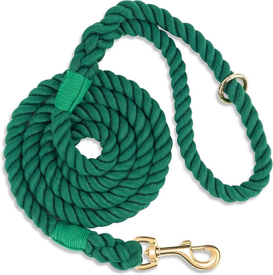Dog Leash 5 FT Handmade Braided Cotton Rope Leashes for Small Medium and Large Dogs, New Golden Heavy Duty Metal Clasp, Dark Green