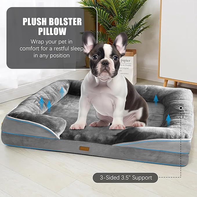 Orthopedic Dog Bed with Sides - Dog Sofa Beds for Medium Dogs, Supportive Foam Pet Couch Bed with Washable Removable Cover, Waterproof Lining and Non-Slip Bottom, Grey - M