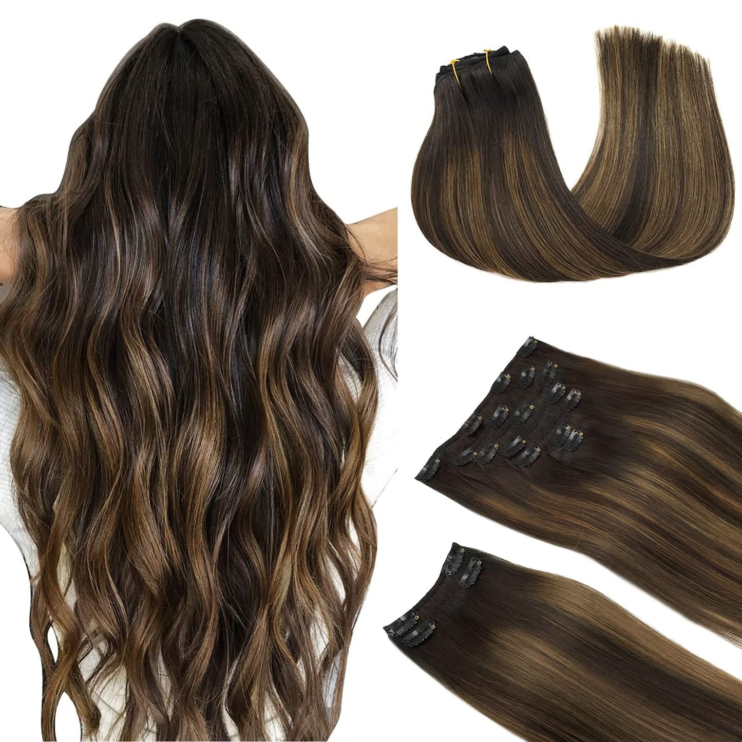 Doores Clip In Hair Extensions, Balayage Natural Black To Light Blonde 22 Inch 150G 9Pcs, Hair Extensions Real Human Hair Clip I