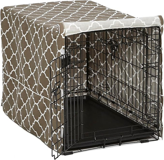 MidWest Homes for Pets Medium Dog Crate Cover with Teflon Fabric Protector, Poly-Cotton Privacy Kennel Cover Fits Most 30-inch Crates, Brown Designer Print, Washable, Reduces Barking