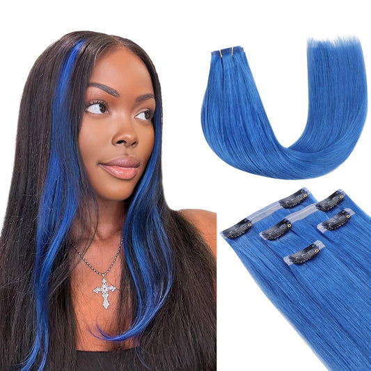 Lashey Hair Extensions Real Human Hair 48G 4Pcs Blue Hair Extensions 20 Inch Long Straight Seamless Clip In Hair Extensions Huma