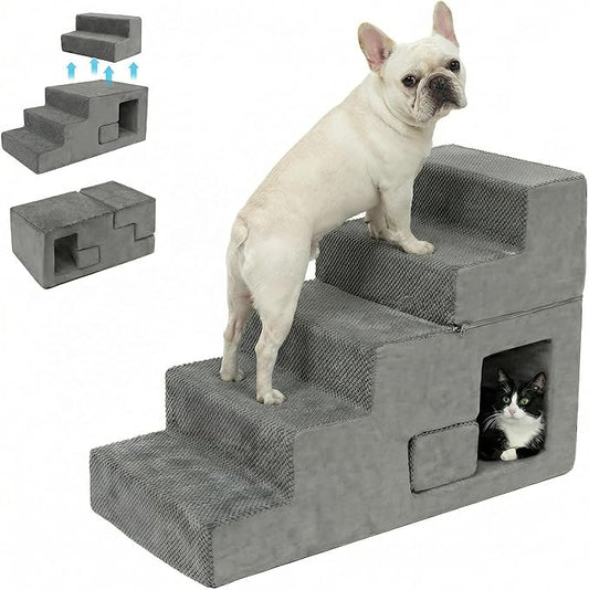 5-Step Dog Stairs for High Bed, 23” H Dog Steps for Bed, Pet Steps for Small Dogs and Cats with Non-Slip Washable Cover, Indoor, Grey