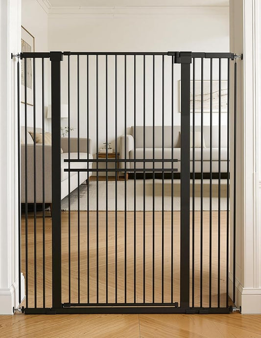 No Pawblems 55" Extra Tall Pet Gate for Cat/Dog, 31.5-48" Wide Auto Close Tall Cat Gate with 25.6" Wide Walk-Thru Door Opening, 1.37" Ultra Narrow Spacing, NO Drilling Pressure Mounted, Black