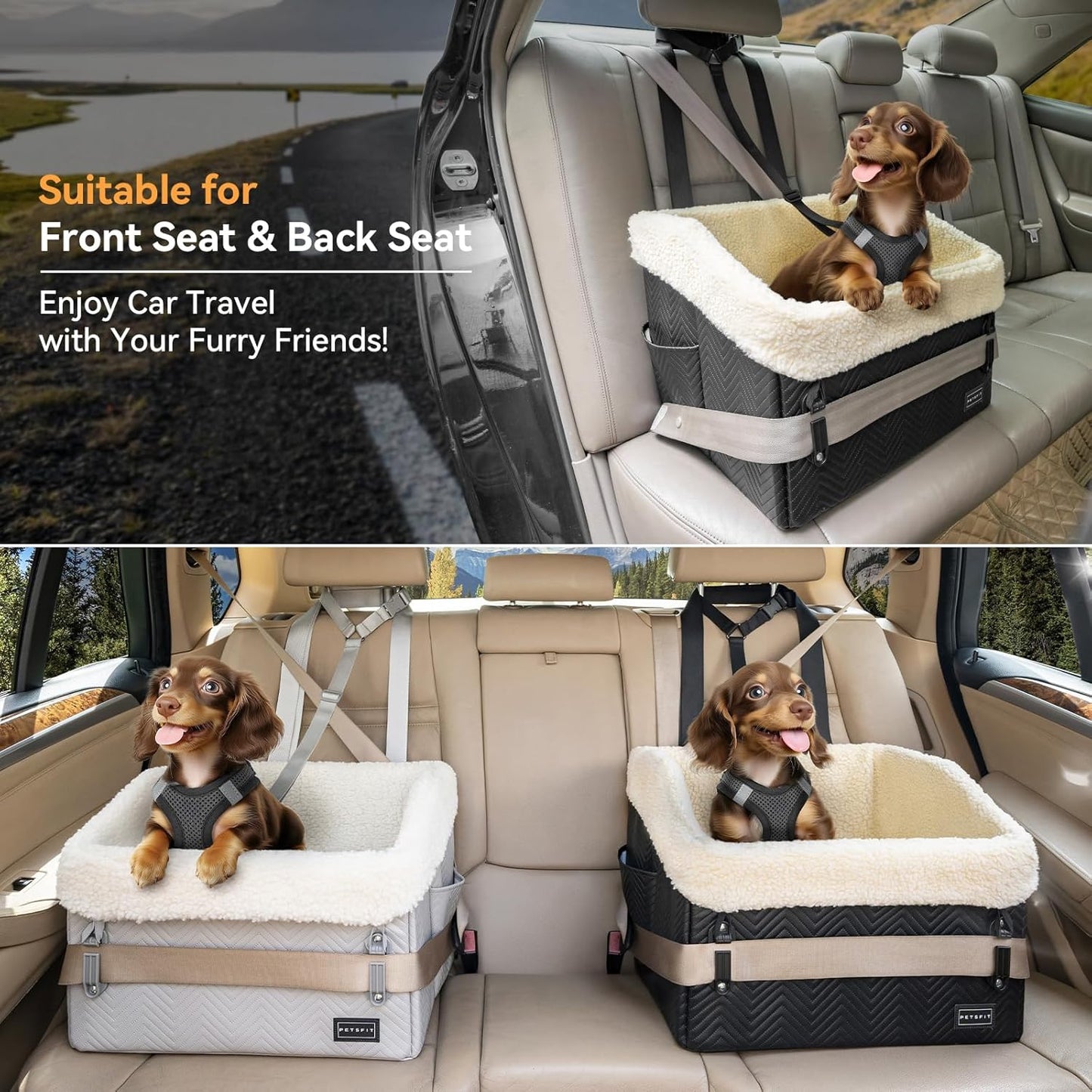PETSFIT Small Dog Car Seat, Waterproof PU Leather Dog Booster Car Seat with Patented Safe Buckles, Detachable Dogs Seat Belt for Car, Dog Car Seat Medium Sized Dog up to 30 lbs (Black)