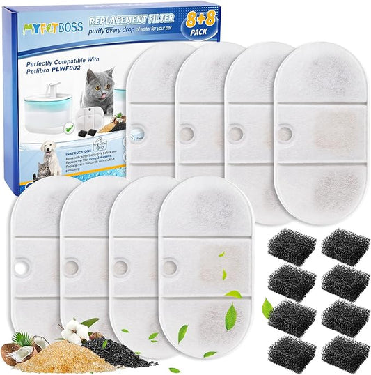 Cat Water Fountain Filter - 8 Pack Replacement Filters and 8 Pack Sponge Filter Compatible with PETLIBRO Capsule 71oz/2.1L Ultra Quiet Water Fountains PLWF002 Pet Dispenser
