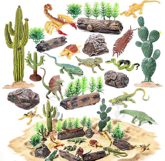 32Pcs Desert Reptiles Animals Figures Toys School Projects Diorama Kit Lizard Snake Cactus Plants Rock Playset for Kids Toddlers Cake Toppers Birthday Party Favor Decorations