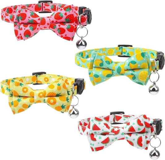 4 Pack Cat Collar with Bow Tie and Bell Breakaway Fruit Cat Collars Spring Summer Adjustable Safety Kitten Collar for Boy Girl Cats