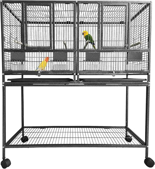 43 Inch Bird Cage with Wooden Perches, Standing Wrought Iron Birdcage with Wheels, Large Parrot Cage Bird Cages with Slide-Out Tray Water Bottle Feeder for Parakeets,Cockatiel, Canary,Pigeons