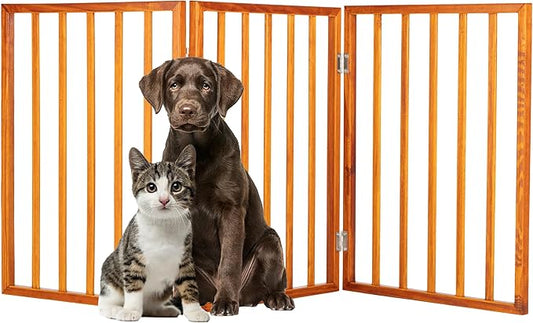 Pet Gate - 3-Panel Indoor Foldable Dog Fence for Stairs or Doorways - 54x24-Inch Retractable Wood Freestanding Dog Gates by PETMAKER (Mahogany)