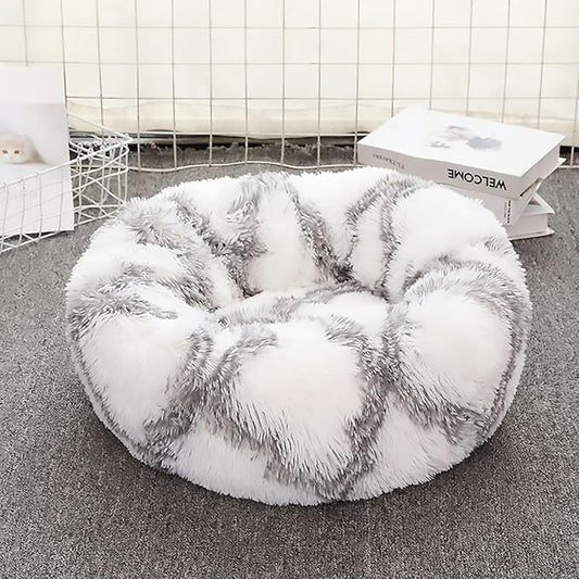 Calming Dog Bed for Small Dogs, Calming Donut Cuddler Pet Bed Anti Anxiety Round Dog Bed Fluffy Plush Faux Fur Cat Bed,Grey+White,15.7IN