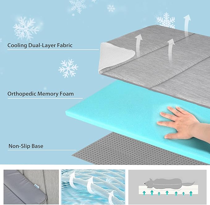 Dog Cooling Mat for Large Dogs - 35x23 Orthopedic Memory Foam Pet Pad for Summer, QMAX>0.5, Washable Premium Comfort Crate Pad for Your Furry Companion, Grey,