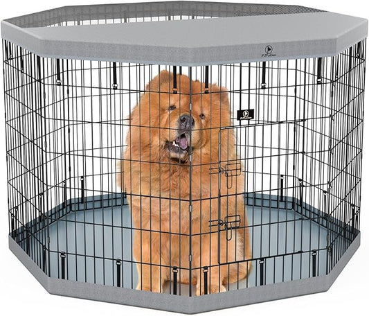 PJYuCien Dog Playpen with Top Cover and Bottom Pad - Metal Foldable Exercise Pen, 8 Panels 42" H x 24" W Indoor Outdoor Pet Fence Puppy Crate Kennel, Gray