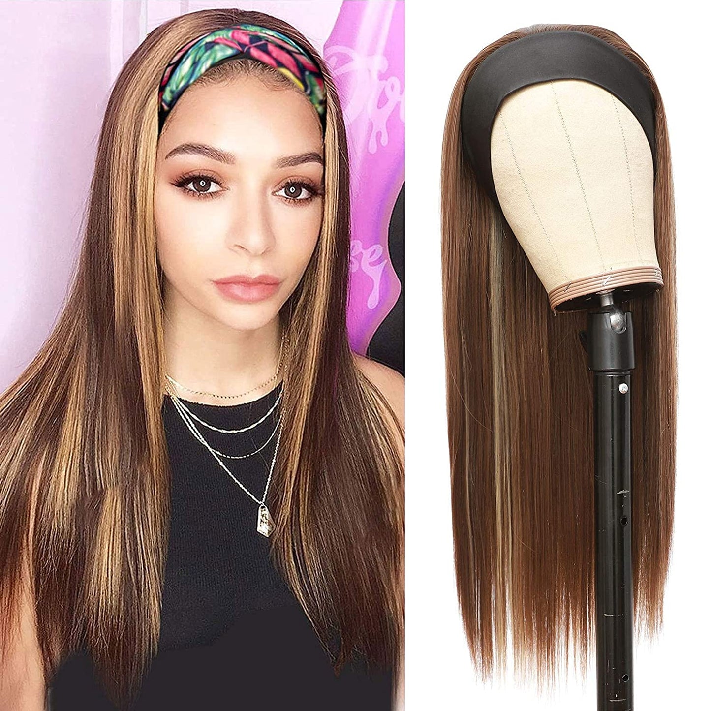 G&T Wig Headband Wigs For Women Long Straight Honey Blonde Highlights Wig Silky Straight Heat Resistant Wigs For Daily Party Use