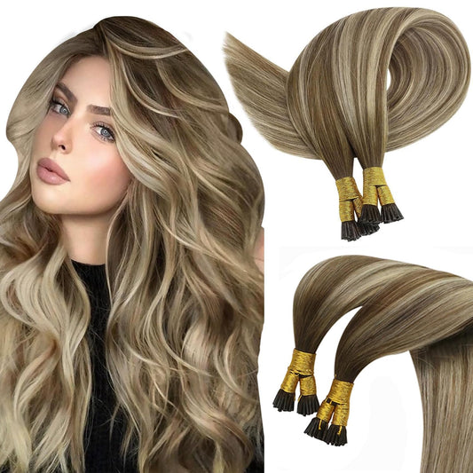 Sunny Itip Human Hair Extensions Brown Balayage Itip Hair Extensions Cool Brown Balayage Light Brown Highlight Blonde I Tip Hair