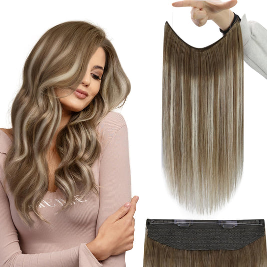 Fshine Invisible Wire Hair Extensions Brown Ombre Clip In Hair Extensions Real Human Hair 18Inch Chestnut Brown Balayage Platinu