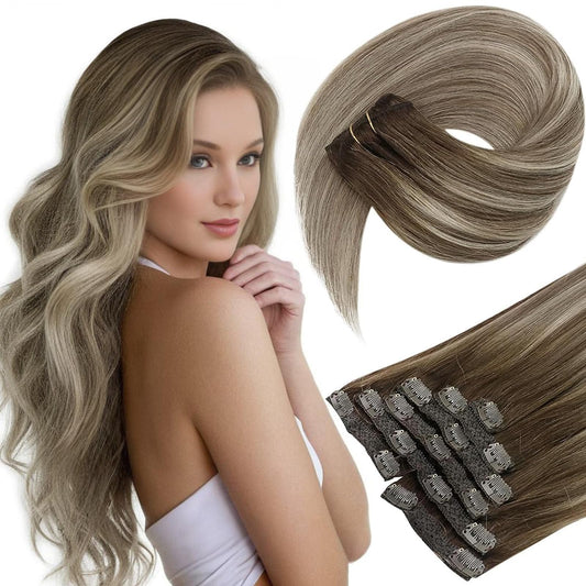 Sunny Brown Clip In Hair Extensions Real Human Hair Invisible Clip In Extensions Balayage Dark Brown Ombre Light Brown With Blon