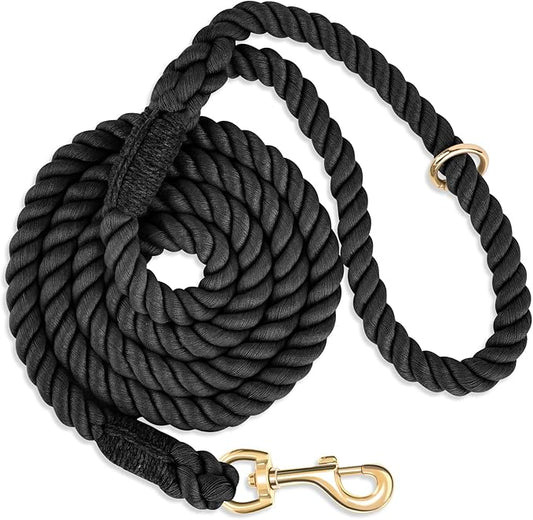 Dog Leash 5 FT Handmade Braided Cotton Rope Leashes for Small Medium and Large Dogs, New Golden Heavy Duty Metal Clasp, Black