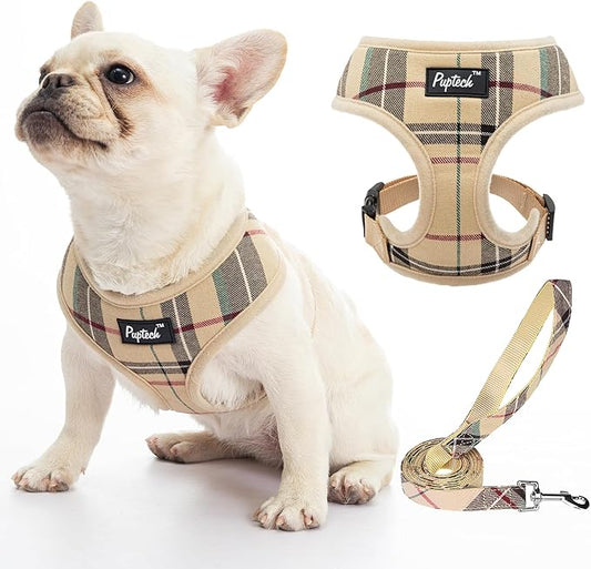 PUPTECK Soft Mesh Dog Harness and Leash Set Pet Puppy Cat Comfort Padded Vest No Pull Harnesses, Beige, L