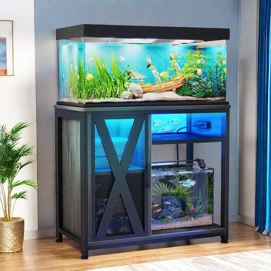 YITAHOME Fish Tank Stand with Power Outlets & LED Light, 40-50 Gallon Metal Aquarium Stand with Cabinet for Fish Tank Accessories Storage for Turtle Tank, Reptile Terrarium, 660LBS Capacity, Grey