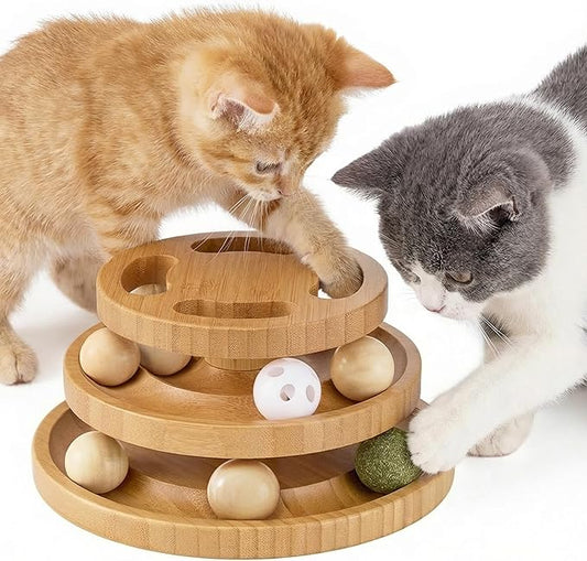 Cat Ball Track Toy with Puzzle Top and DIY Bell, Wooden Cat Toys for Indoor Cats, Interactive Kitty Ball Tower for Kitten Exercise Mental Physical