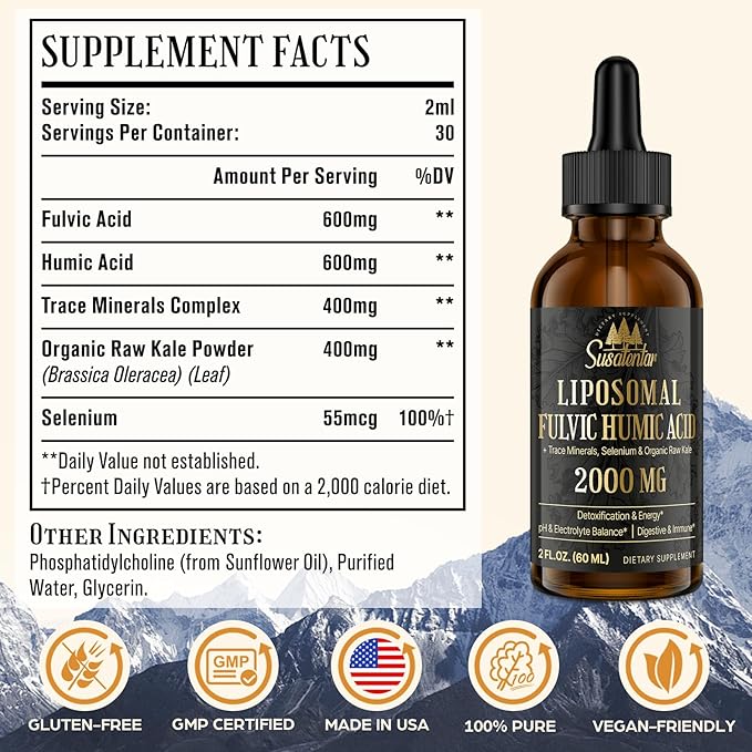 Trace Minerals Electrolytes Drops 2000 MG | Liquid Liposomal Fulvic Humic Acid Supplement | 85+ Trace Minerals | Hydration | Detoxification | Energy | pH Balance | Digestion | Immunity | 4 Oz