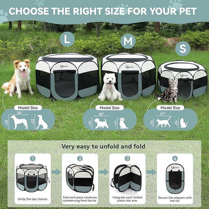 Medium Dog Cat Playpen, Puppy Pet Playpen Indoor for Dog Crate Tent Cage Outdoor, Portable Pop Up Dogs Enclosure Kennel with Carrying Case for Dogs/Cats/Rabbits (Grey with Pad, Medium)