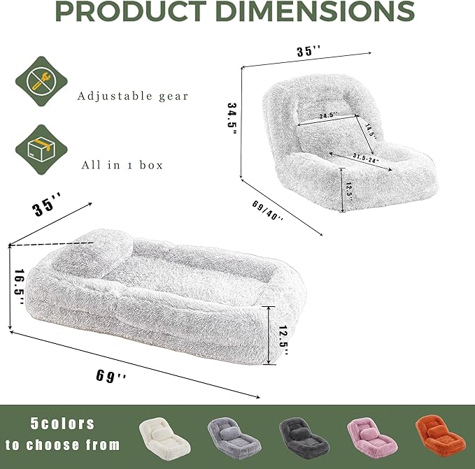 Adjustable 5-Position Human Dog Bed for People, Big Comfy Plush Floor Gaming Lazy Sofa Chair with Pillows & Back Support, Foldable Lounge Loveseat Couch for Living Room Bedroom (Beige)