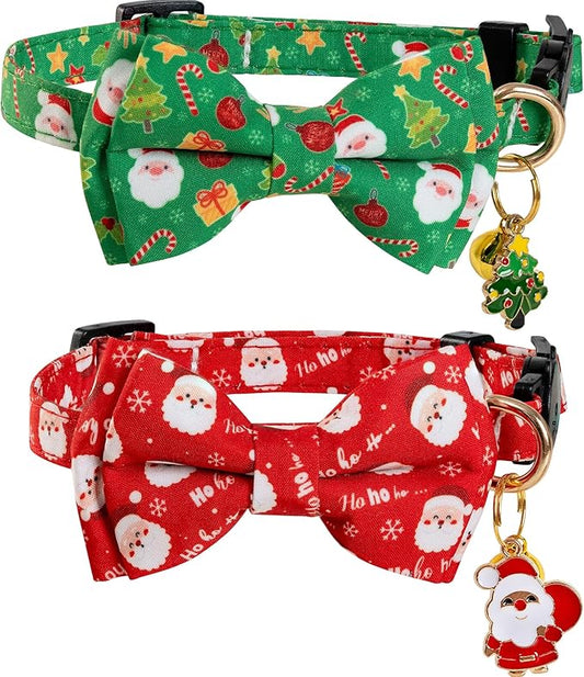 Christmas Cat Collar with Cute Bow Tie Bell 2Pack Red Green Santa Claus Breakaway Collar for Male Female Soft Christmas Kitty Kitten Cute Cat Collars Ideal for Girl Cats Boy Male Cats