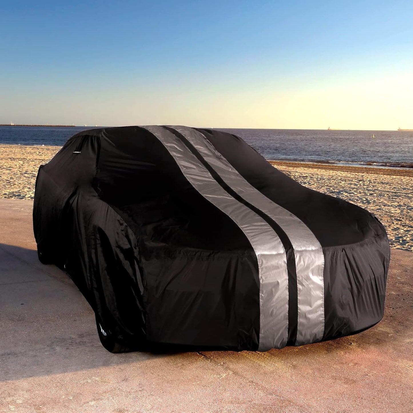 iCarCover Custom Car Cover for 2005-2025 Ford Mustang GT, Ecoboost, Mach 1, V6 Waterproof All Weather Rain Snow UV Sun Protector Full Exterior Indoor Outdoor Car Cover (Stripe - Black/Gray)