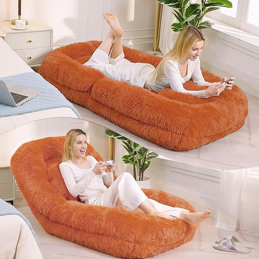 Adjustable 5-Position Human Dog Bed for People, Big Comfy Plush Floor Gaming Lazy Sofa Chair with Pillows & Back Support, Foldable Lounge Loveseat Couch for Living Room Bedroom (Orange)