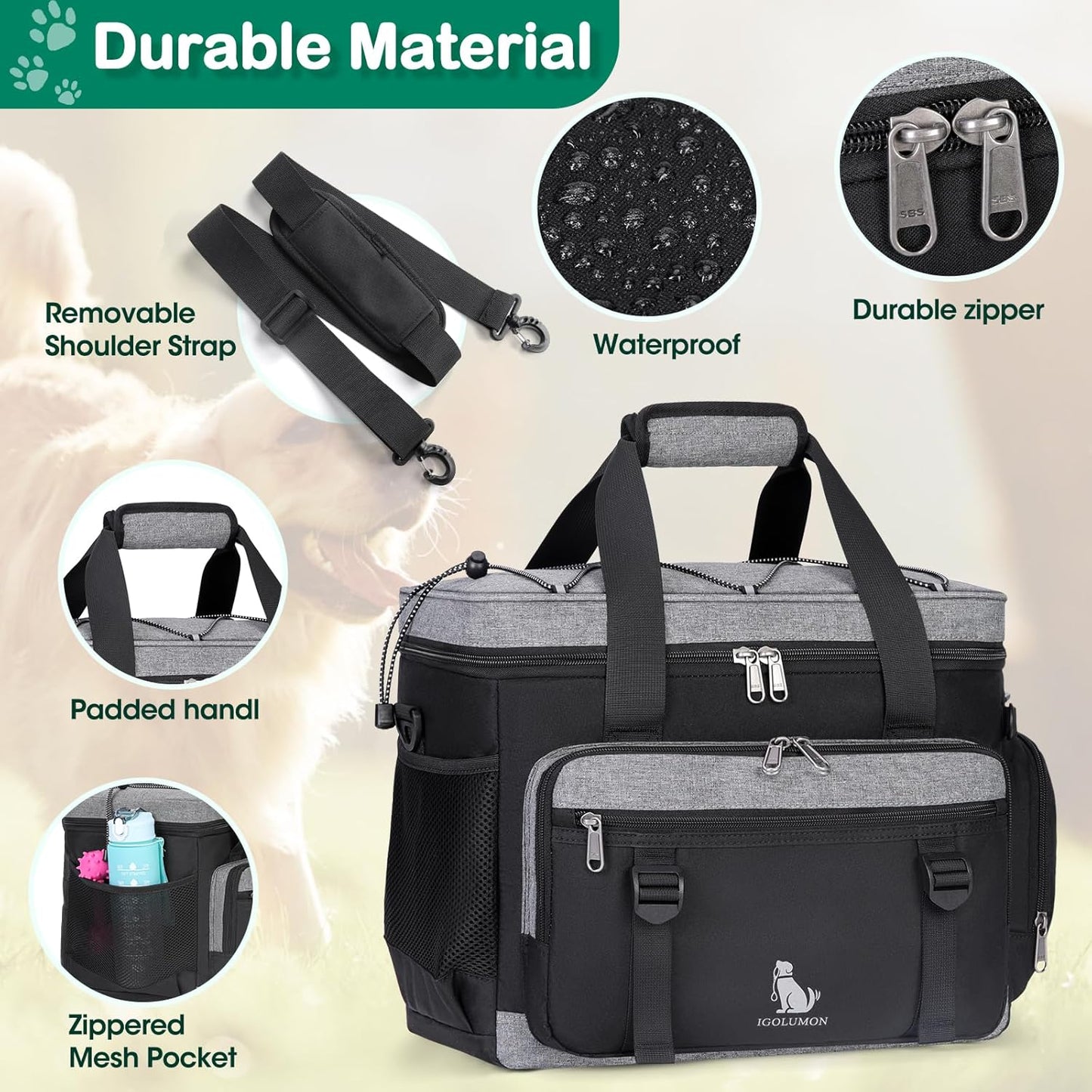IGOLUMON Dog Travel Bag Large Pet Travel Bags Set for Supplies Weekend Travel Kit Tote Organizer Multi-Pockets Food Travel Bag with 2 Extra Large Food Containers, 2 Dog Bowls, 1 Feeding Mat