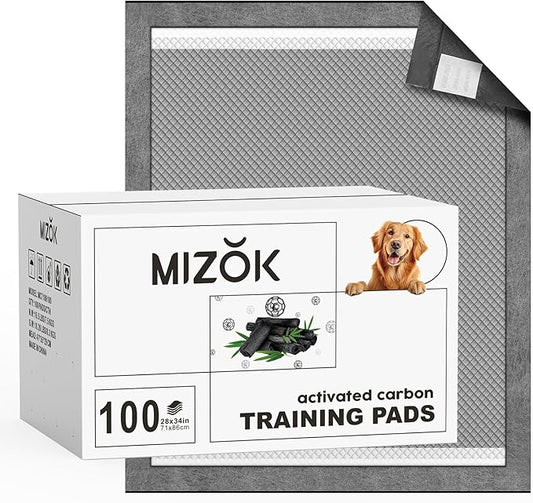 MIZOK Dog Pee Pads Large 28x34in Charcoal Pee Pads for Dogs Activated Carbon Odor-Control Absorbs Up to 8 Cups of Urine, 6-Layer Leak-Proof (100 Counts)