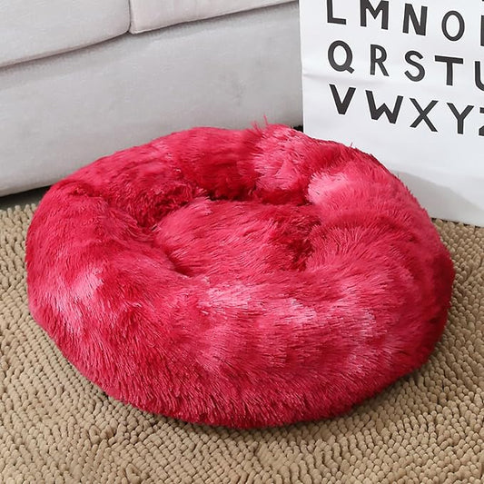 Calming Dog Bed for Small Dogs, Calming Donut Cuddler Pet Bed Anti Anxiety Round Dog Bed Fluffy Plush Faux Fur Cat Bed,Wine red,15.7IN
