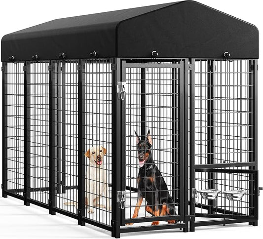 Sino Luban Outdoor Dog Kennel Outside Run with Doggy Door, Swivel Feeder&Roof - 8x4x6FT Large Dog Kennels Pens Outside for Large Dogs Breed- Heavy Duty Cage Yard (Can Connect to Your Dog House)