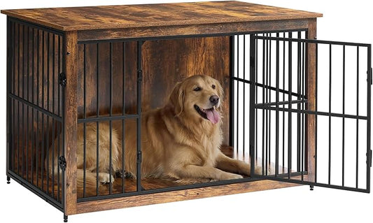 Feandrea Wooden Dog Crate Furniture, 48 Inches Heavy-Duty Kennel for Dogs up to 110 lb, with Double Doors and Enclosed Wood Base, Modern Pet Cage End Table Indoor, Rustic Brown