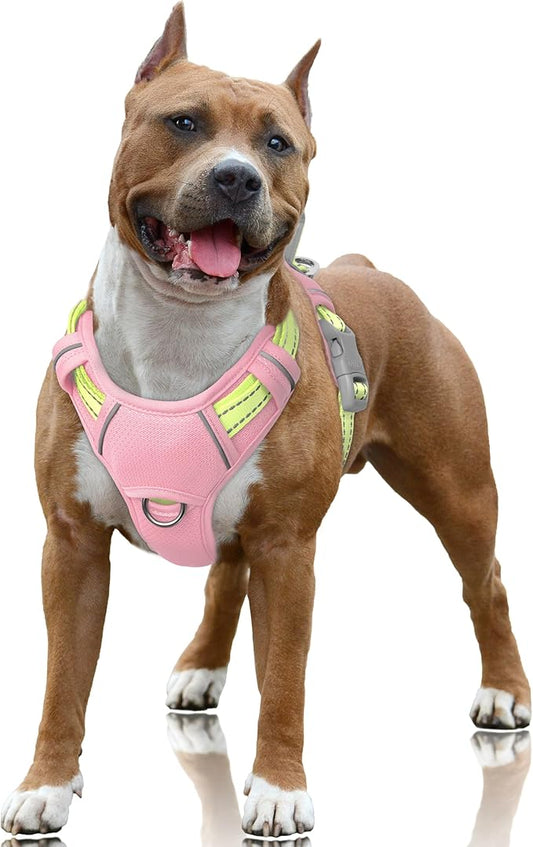 BARKBAY No Pull Dog Harness Large Reflective Dog Harness with Front Clip and Easy Control Handle for Walking Training Running with ID tag Pocket(Baby Pink & Sunlight,L)