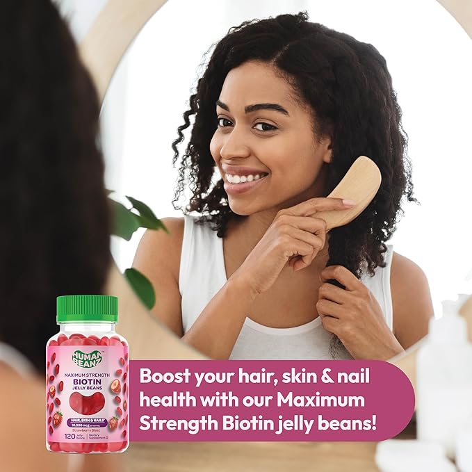 Biotin Jelly Bean Gummy Vitamins, Max Strength Biotin for Hair, Skin and Nails, 10000mcg per Serving, Hair Growth Vitamins for Men and Women, 120 Strawberry Blast Jelly Beans, Kosher