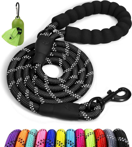 Taglory Rope Dog Leash 5 FT with Comfortable Padded Handle, Highly Reflective Threads Leash and Anti-Tangle Clip for Walking Small Dogs, 3/8 inch, Black