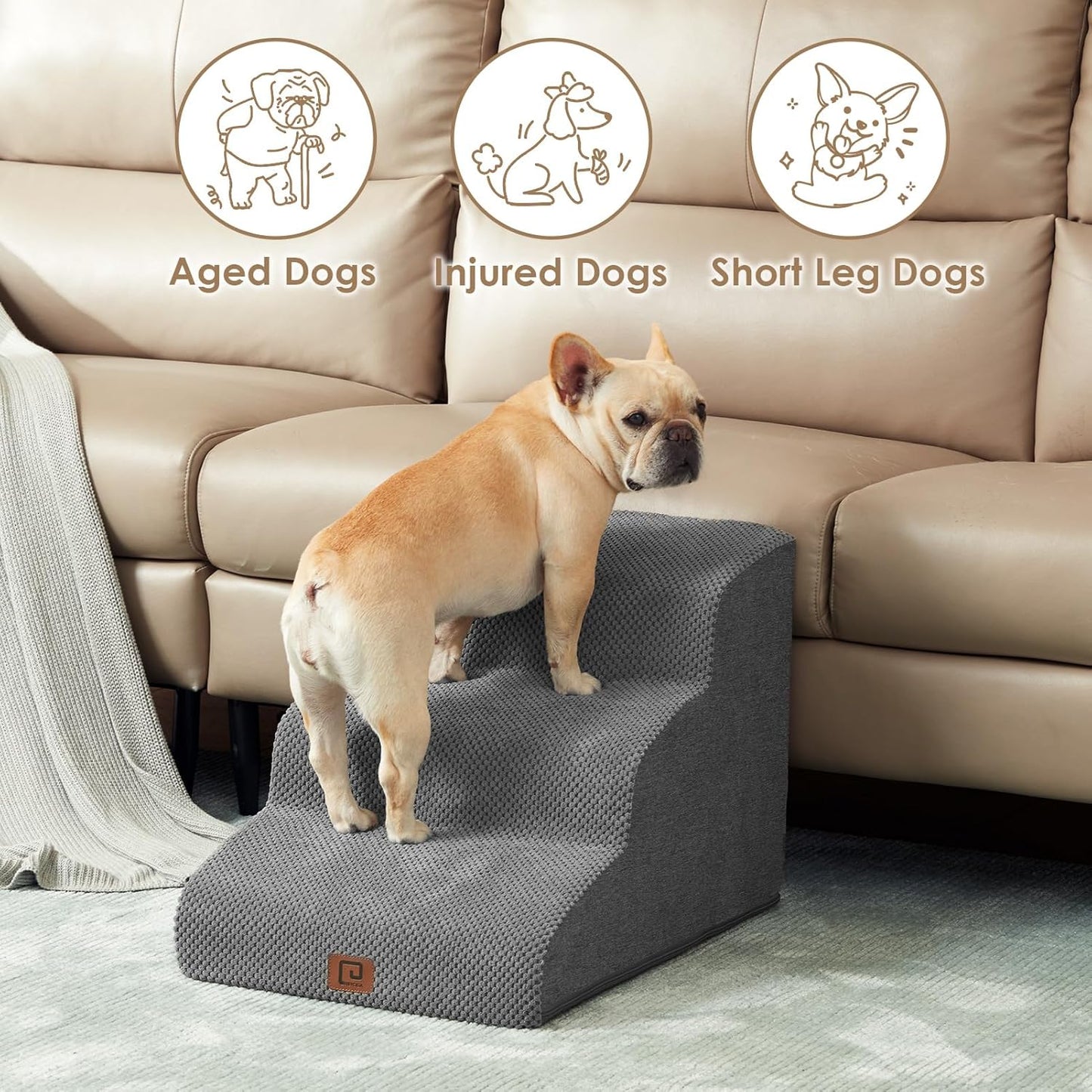 EHEYCIGA Curved Dog Stairs Ramp for Small Dogs 15.7" H, 3-Step Dog Steps for Couch Sofa and Chair, Pet Stairs for Cats, Non-Slip Balanced Pet Steps Indoor, Grey