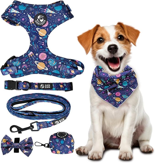 No Pull Harness and Leash Set - 6-in-1 Adjustable Vest Harness and Collars for Medium and Large Dogs. (Cosmic, Small)