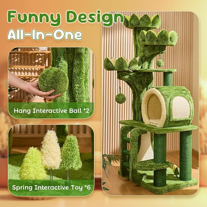 80.3'' Modern Cat Tree, Tall Cat Tower for Indoor Cats Adults, Luxury Climb Tower with Scratching Post, Heavy Duty Cat Condo with Ladder, Toys, Double Sided Mat, Lotus Perch for Multi-Cat Families