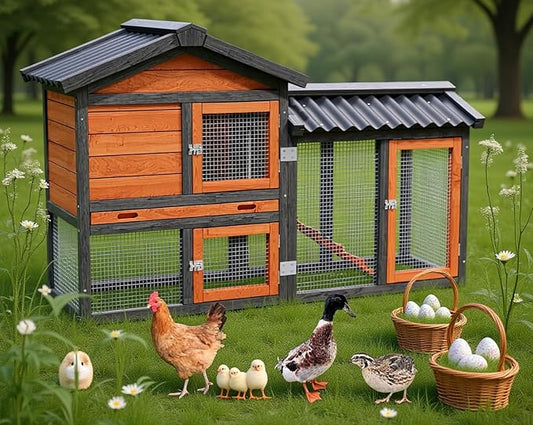 Chicken Coop, Chicken Run,Small Wooden Duck Coop Outdoor 2-Tier Hen House All Weather Used Poultry Quail Cage Rabbit Pet Hutch House with Ramp for Small Animals Outside (Brown with Black)