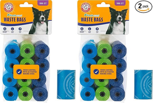 Arm & Hammer Easy-Tear Disposable Dog And Cat Waste Bags With Activated Baking Soda, 180 Dog Poop Bags, 9 x 14 Inches, (Pack of 2)