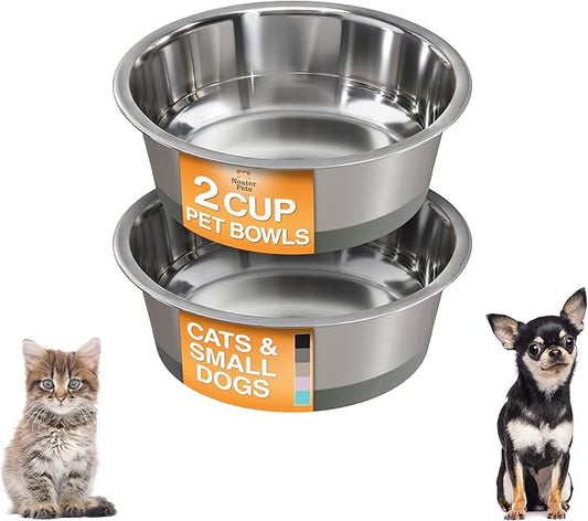 Neater Pet Brands Stainless Steel Dog Bowls with Non-Slip Rubber Bottom – 2 Cup (16 oz), Gray - Set of 2 Heavy Duty Metal Dog Bowls, Dishwasher Safe, Food or Water Bowl, Ideal for Small Dogs & Cats