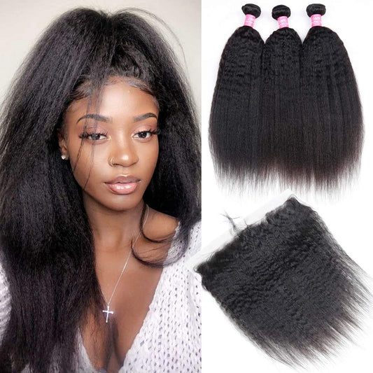 Odir Kinky Straight Bundles With 13X4 Frontal Brazilian Human Hair 26 28 30+20 Inch Unprocessed 9A Yaki Straight Virgin Hair 3 B
